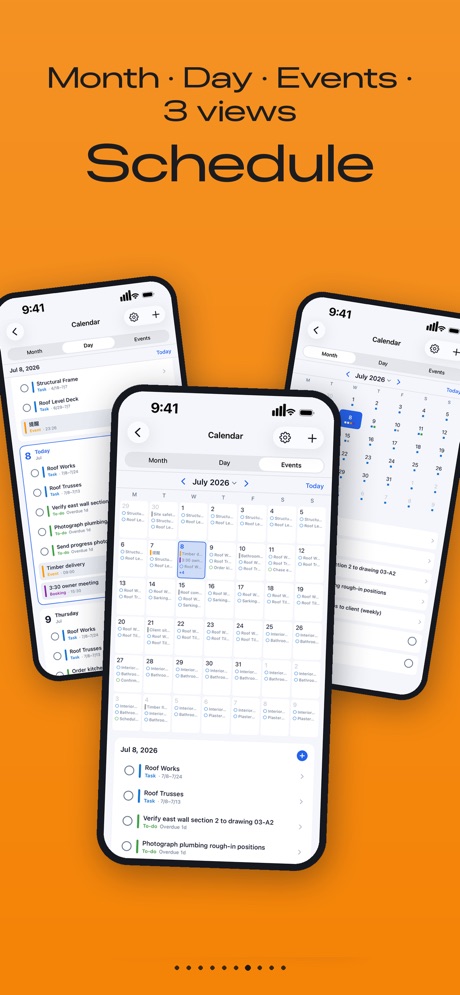 Construction Gantt screenshot: Month, Day and Events calendar views